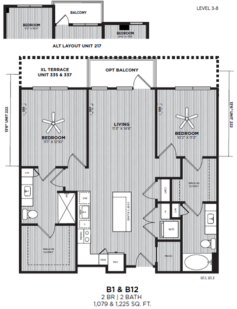 Floor plan for 2 beds, 2 baths, 1079 sqft